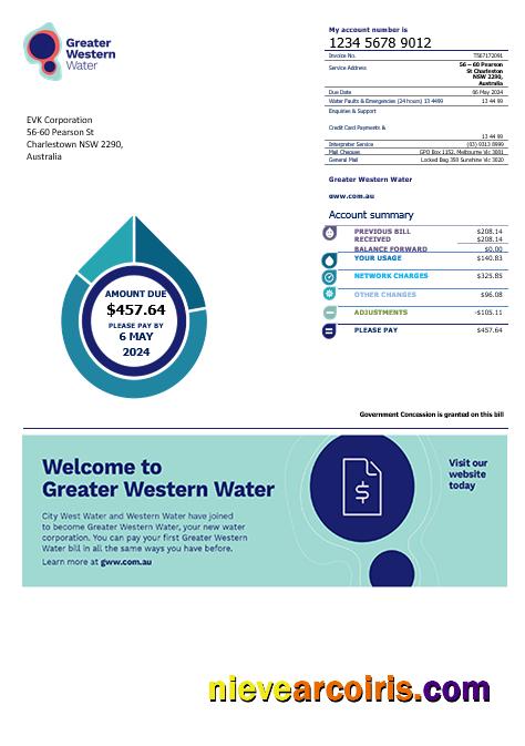 Australia Greater Western Water business utility bill